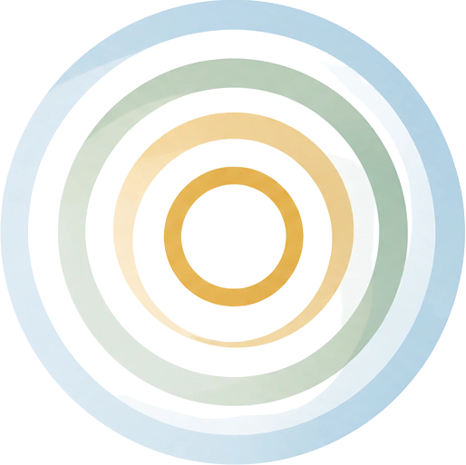 Logo with concentric circles: orange in the middle, then gold, then green, then blue